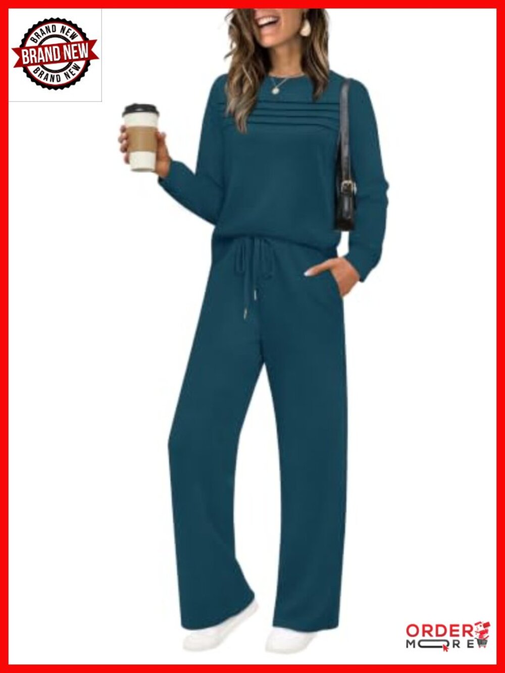 Womens 2 Piece Sweatsuit Set Pleated Crewneck Wide Leg Lounge Travel
